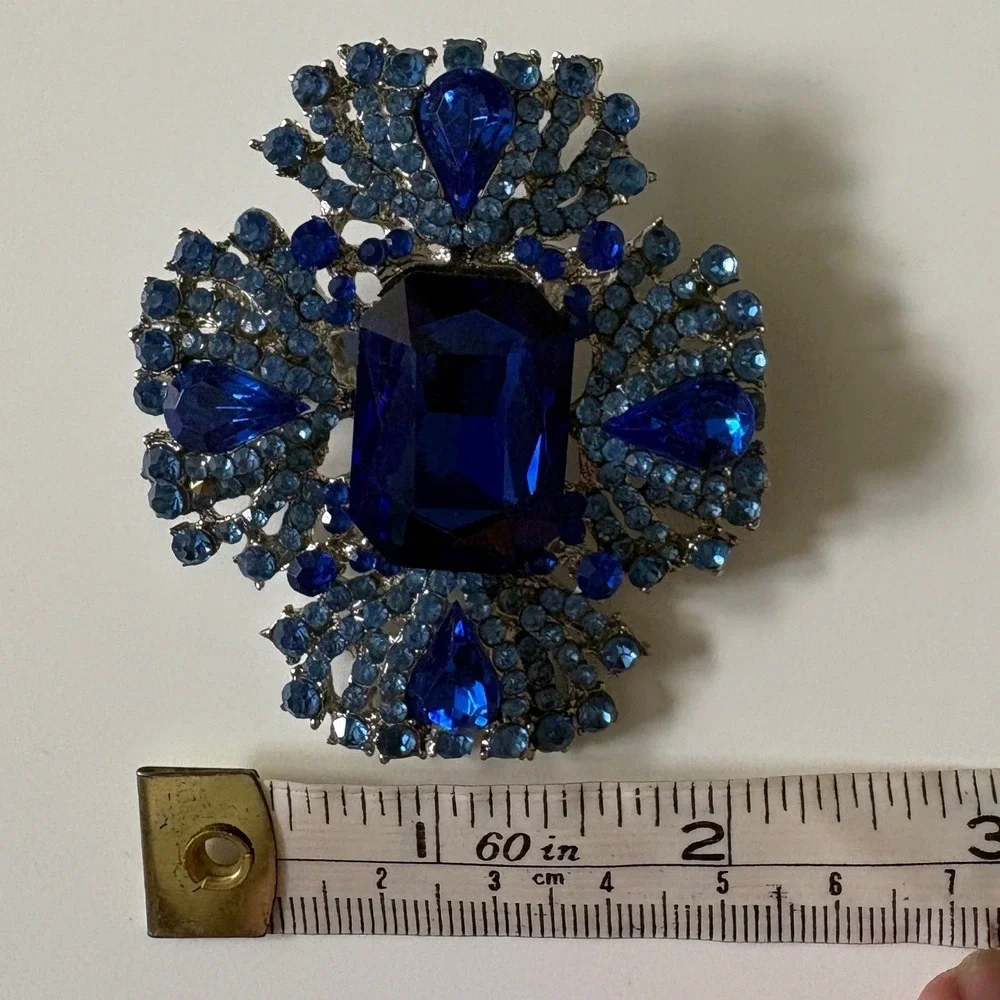 Blue Crystal Rhinestone Maltese Cross Brooch Pin Silver Tone Statement Jewelry